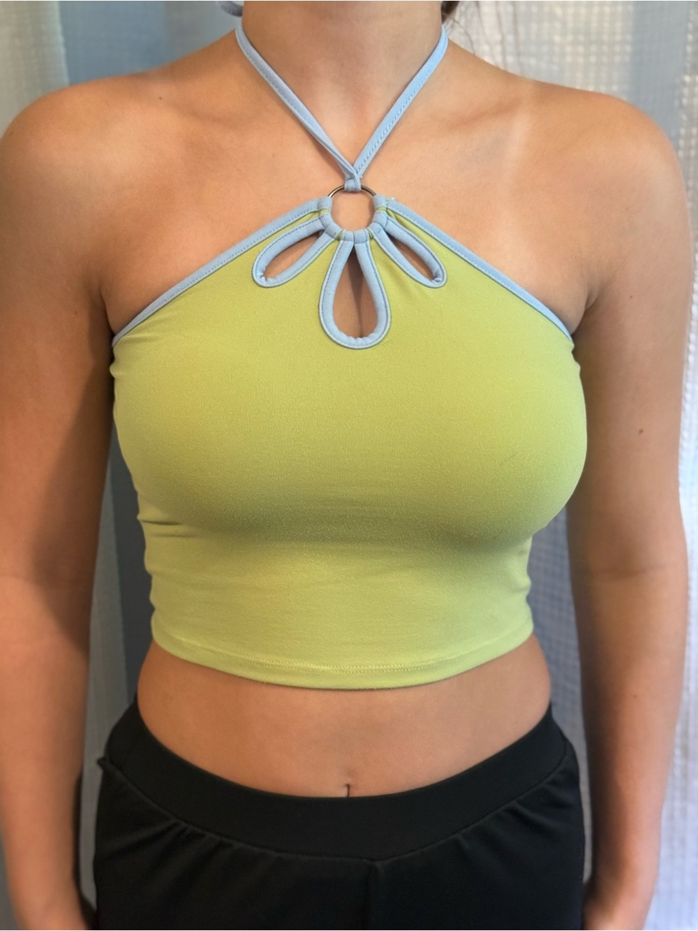 Keyhole Halter Crop Top in Light Lime with Sky Trim